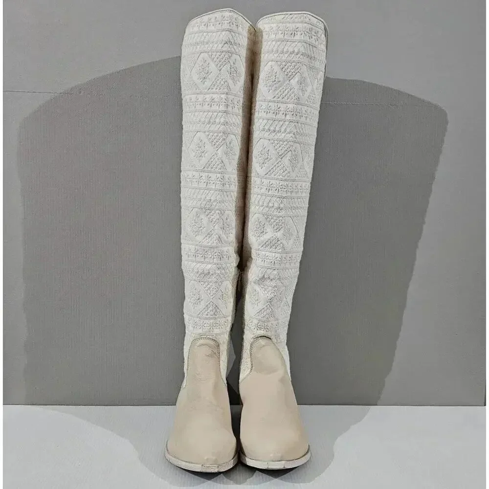 Free People Bren Knee High Boot Women EU 38.5 Cream Embroidered Boho Slouchy NEW